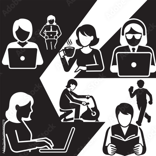 White of people working exercising drinking coffee and reading on black and white background