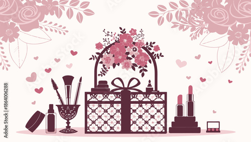 Elegant makeup and beauty products in a floral gift box