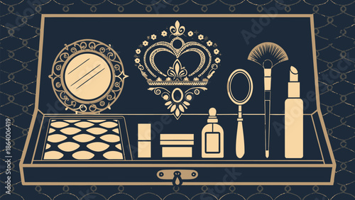 Elegant makeup case with beauty tools and crown design