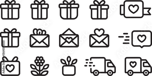 Set of linear vector icons featuring gift boxes, love letters, and delivery trucks with hearts, perfect for Valentine's Day projects, e-commerce shipping, and romantic present design templates