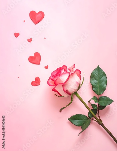 Romantic pink background featuring a rose and floating red hearts, symbolizing love and affection
