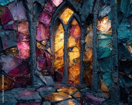 Colorful stained glass in a dark setting.