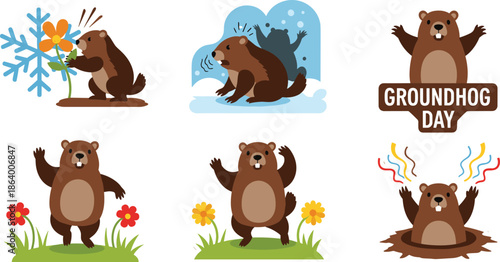 Groundhog Day illustrations with cute animals