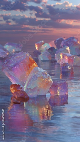 Colorful crystals reflect serene sunset hues.