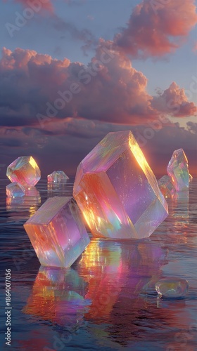 Colorful crystals reflecting beautiful skies.
