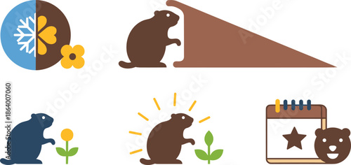 Cute groundhog icons for spring and weather forecast