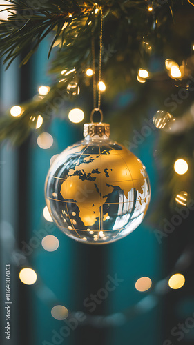 A delicate glass globe ornament hangs amidst festive christmas tree lights representing global unity