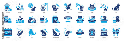 Cat Grooming Solid style. Containing Cat House, Nail Clipper, Anti Flea, Shower, Brush, Flea, grooming