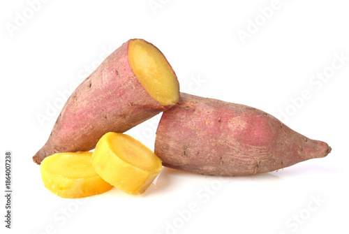slices of sweet potatos ,Piece and half  of Boiled Japanese sweet potato isolated on white background