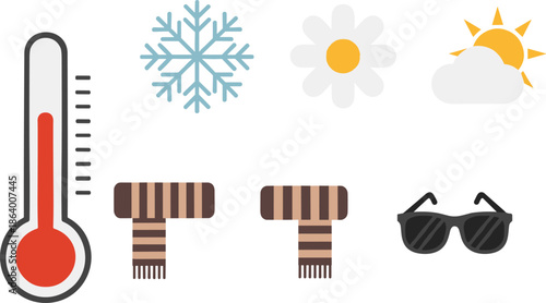 Seasonal weather icons with temperature gauge and accessories