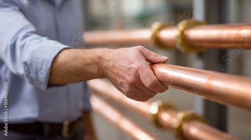 Wallpaper Mural A close up of a man s hand touching a series of copper pipes within an industrial setting highlighting metallic textures Torontodigital.ca