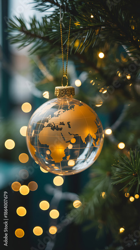 A festive christmas tree ornament depicting the world globe lit with soft bokeh lights