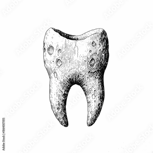 Molar tooth with wet cement texture, cursed alchemy ingredient, hand drawn ink sketch.