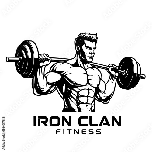 “High-impact monochrome fitness center logo, muscular Caucasian man holding barbell, semi-profile view, dramatic shadowing, minimal background, strong modern advertising style.”