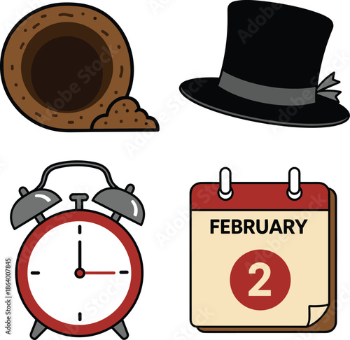 Groundhog Day symbols with hat, calendar, and alarm clock