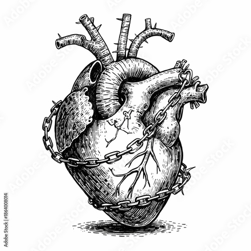 Human heart bound by rusted iron chains, dark magic symbol, hand drawn ink sketch.
