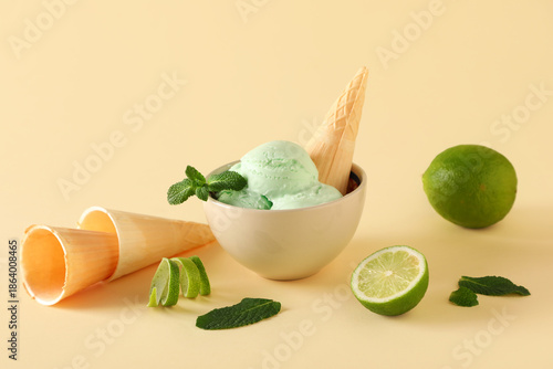 Bowl with lime ice cream, m...