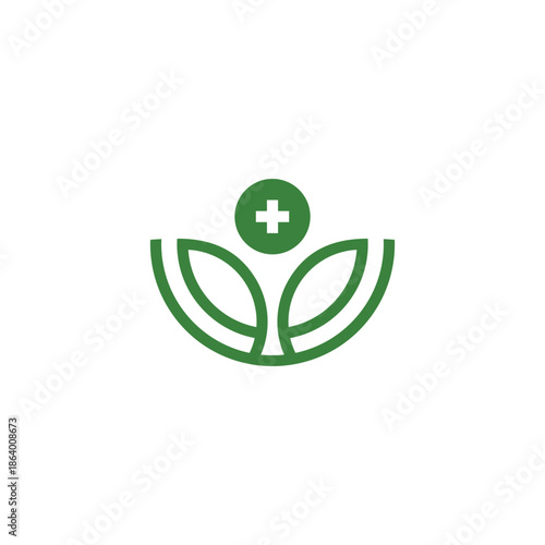 leaves green plus medical thin line logo vector