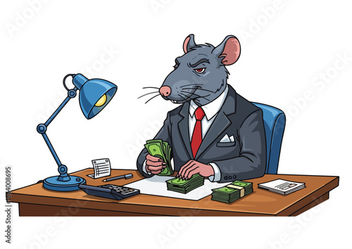 A cunning rat in a business suit intently counts stacks of cash at a desk under the glow of a lamp, embodying financial manipulation, greed, and questionable dealings in a corporate environment