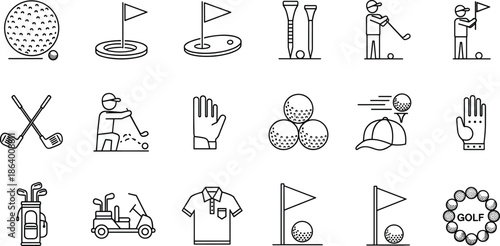 Ball, Flag, Golf Club, Tee, Golfer, Glove, Cart, Bag, and Clothing Outline Symbols Collection for Sports and Leisure.