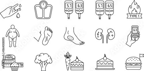 Blood Glucose Monitor, Obesity, Kidney Damage, Diet, Weight Scale, Diabetic Foot, and Fast Food Outline Symbols Collection.