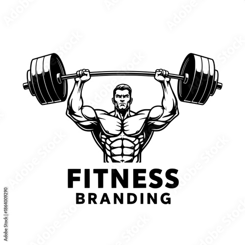 “Stylized vector logo illustration of a powerful man lifting a barbell, front-facing pose, black ink on white background, dramatic shading, bold fitness branding text below.”