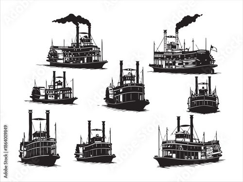 Collection of vintage steamboats on transparent background