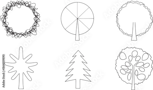 An assortment of stylized trees, offering a minimalist yet detailed representation of different tree varieties, perfect for design assets.