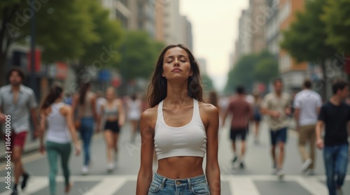 Mujer practicando respiración consciente, pausa en la calle