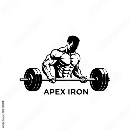 “Minimal black-and-white athletic logo, muscular man lifting weights, strong physique, shadowed face, intense focus, modern sans-serif typography, premium gym branding.”