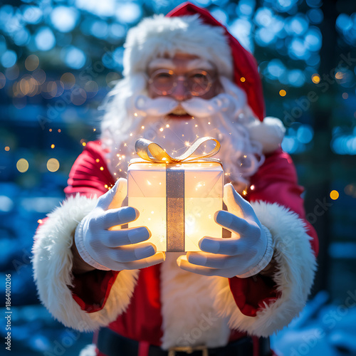 Santa claus holding a glowing gift box with a festive winter background and bokeh lights