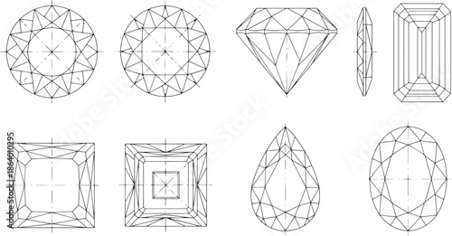 A collection of intricate, stylized diamond illustrations showcase various cuts and facets, creating a captivating display of light and geometry.