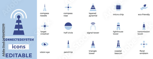 Connected system and technology vector icon set. Editable blue symbols featuring signal towers, compass, microchip, lighthouse, and navigation elements for communication interface design.