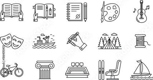 eading, Painting, Guitar, Camping, Theater Masks, Sailing, Cycling, Writing, and History Outline Symbols Collection.