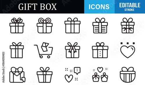 Minimal gift box and present outline icons set