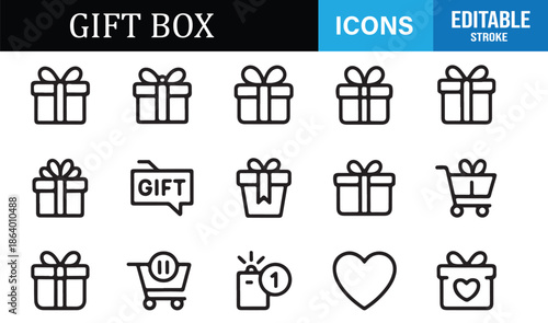 Editable gift box outline icons for UI and design