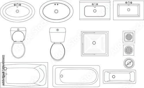 A set of detailed line drawings showcasing a variety of bathroom fixtures, with precision and clarity. The monochrome presentation emphasizes the forms and functions.