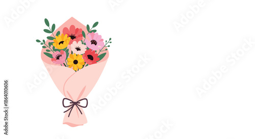 Beautiful bouquet of colorful flowers wrapped in soft pink paper with a brown ribbon bow on a clean white background for celebration gifts.