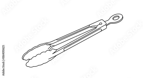 Professional stainless steel kitchen tongs for food service and cooking presented as a clean black and white line art vector illustration.