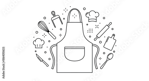 Circular arrangement of kitchen utensils and baking tools icons in line art style including an apron, whisk, and chef hats for cooking themes.
