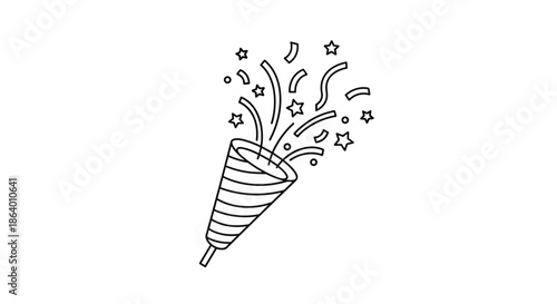 Celebration party popper exploding with confetti and stars shown as a festive black and white line art vector illustration for events.