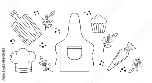 Collection of hand-drawn kitchen and baking tools including an apron, chef hat, cupcake, and piping bag in a simple line art style.