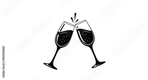 Two glasses of sparkling wine or champagne clinking together in a toast for a special celebration or new year event illustration.