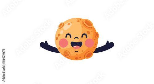 Cute smiling moon character with craters and open arms representing a friendly celestial body in a dark space background scene.