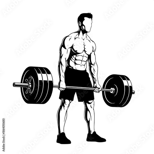 “High-contrast monochrome illustration of a fitness athlete lifting a barbell, clean lines, bold shadows, masculine gym logo style, white background, centered composition.”