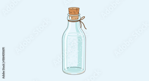 Clear glass bottle filled with sparkling water or potion sealed with a cork stopper and tied with a rustic brown string.