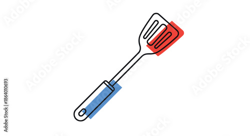 Kitchen utensil spatula used for flipping and serving food in a modern line art style with blue and red color accents.