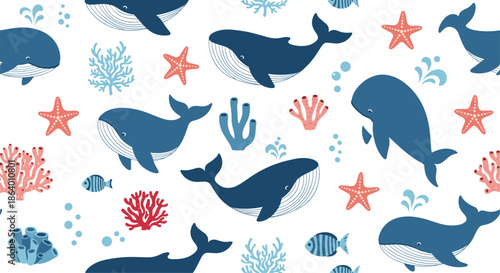 Seamless pattern featuring cute blue whales, starfish, corals, and small fish in a repeating ocean-themed design for kids.