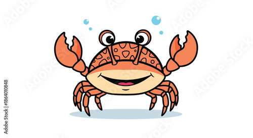 Cheerful orange crab character with a big smile and wide eyes floating in the ocean with blue water bubbles around it.