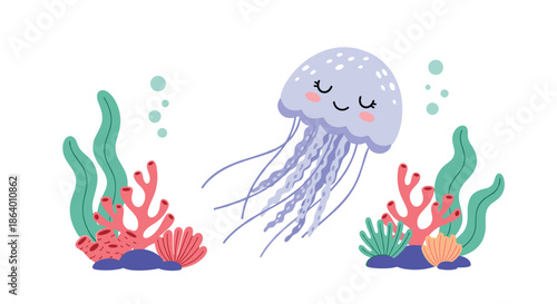 Cute purple jellyfish with a peaceful sleeping face floating underwater between colorful corals and shells in the sea.